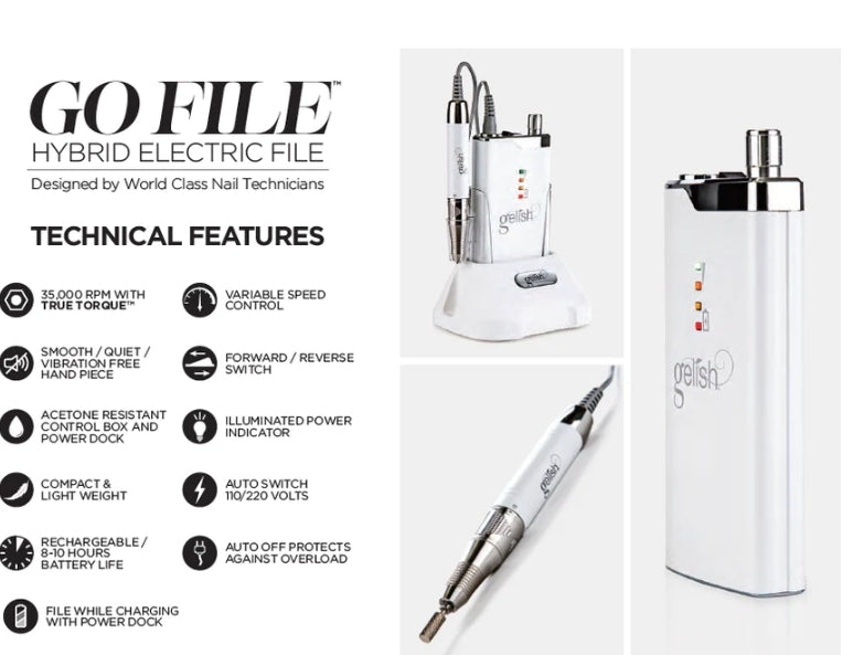 Gelish Gelish Go File Professional Portable Rechargeable Hybrid Electric Nail File Machine with Power Dock, and Handheld File